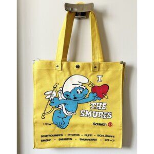 Vintage SMURFS Schleich Tote Bag Yellow I Love Smurfs Cupid Peyo Heavy Canvas